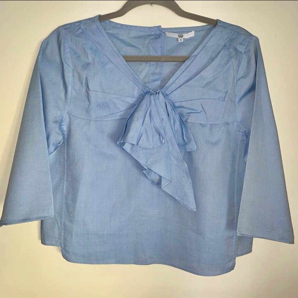 Tibi Light Blue Crop Blouse with Fabric Bow Detail